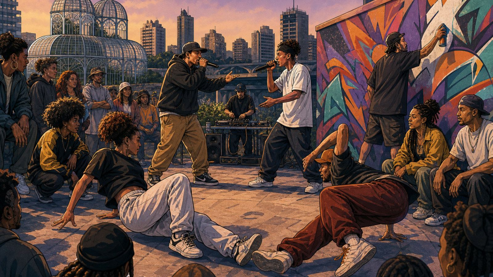 Ilustração de artistas de hip-hop reunidos em uma roda cultural urbana