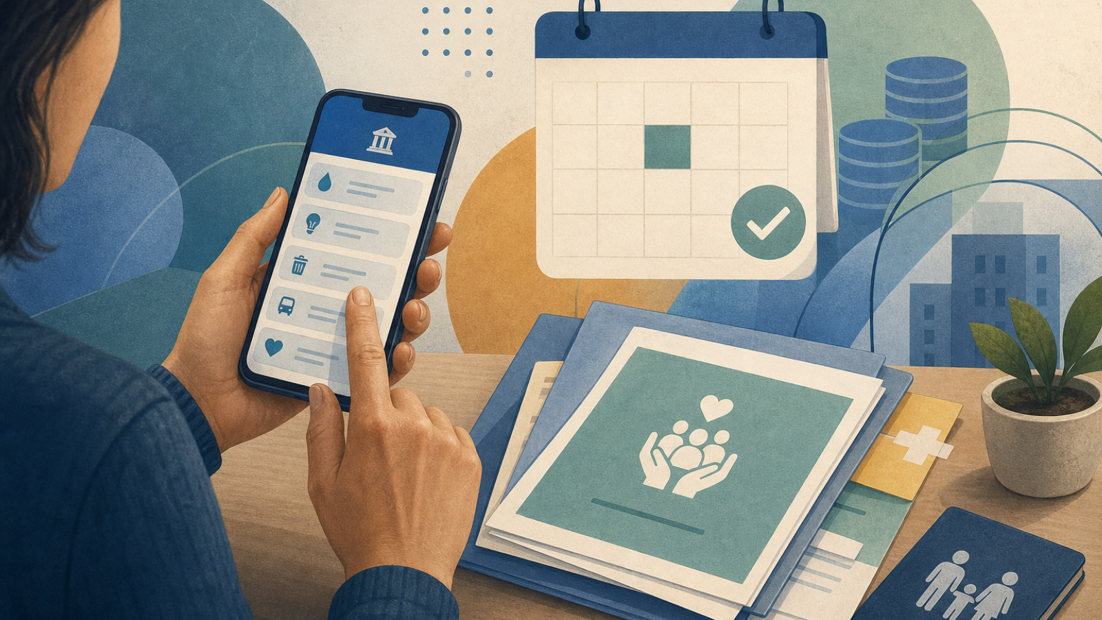 Ilustração de cidadão consultando informações de benefício previdenciário em celular