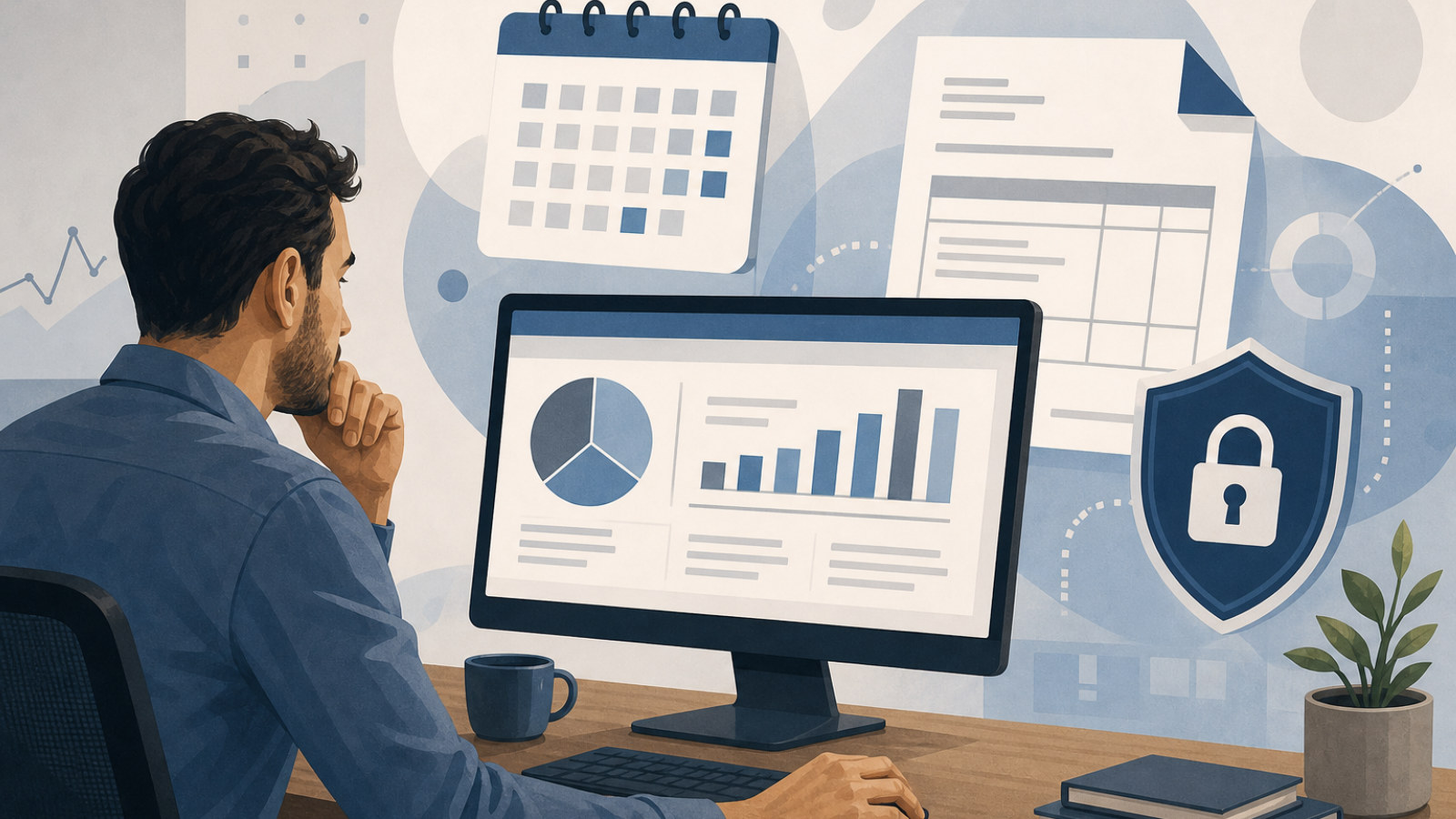 Ilustração de contribuinte consultando a restituição do Imposto de Renda em um computador