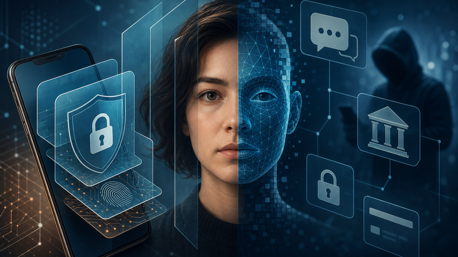 Ilustração de segurança digital com celular, dados protegidos e alerta de identidade falsa