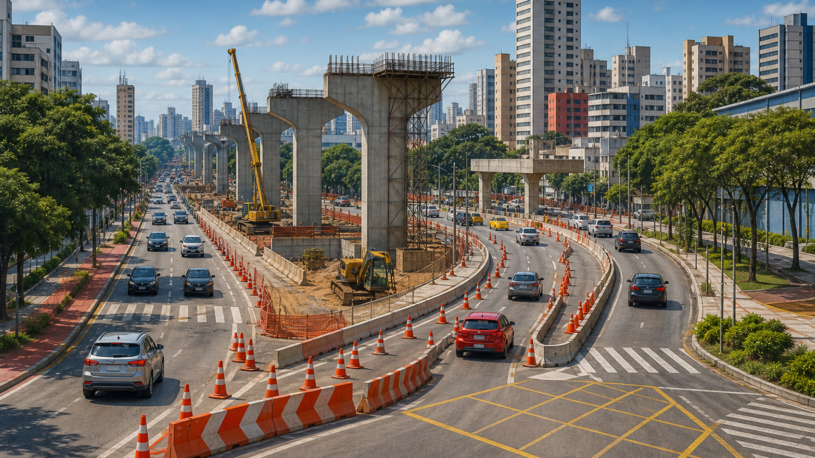Ilustração de desvio de trânsito em avenida urbana durante obras de viaduto