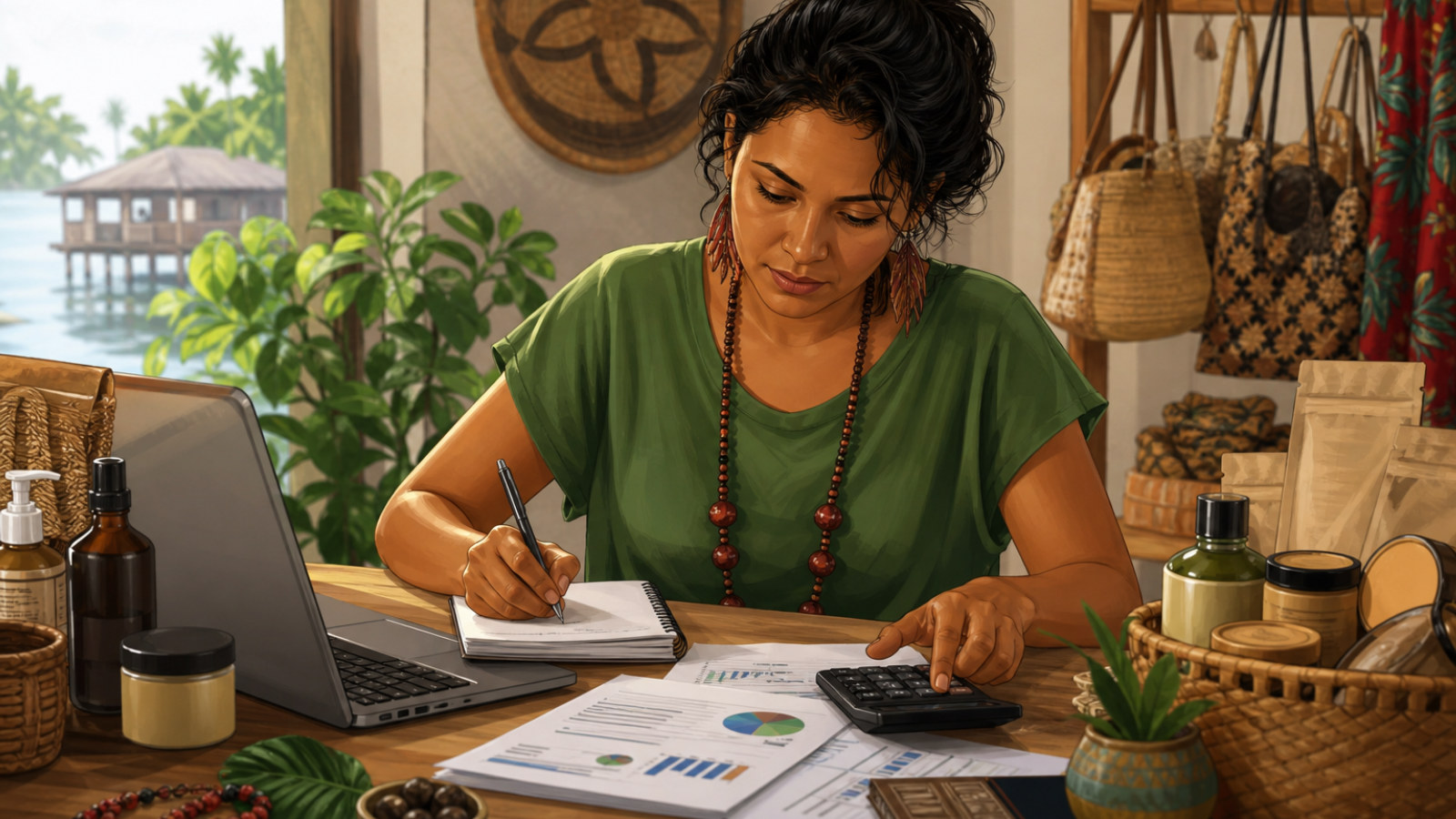 Ilustração de empreendedora organizando plano de negócio e finanças