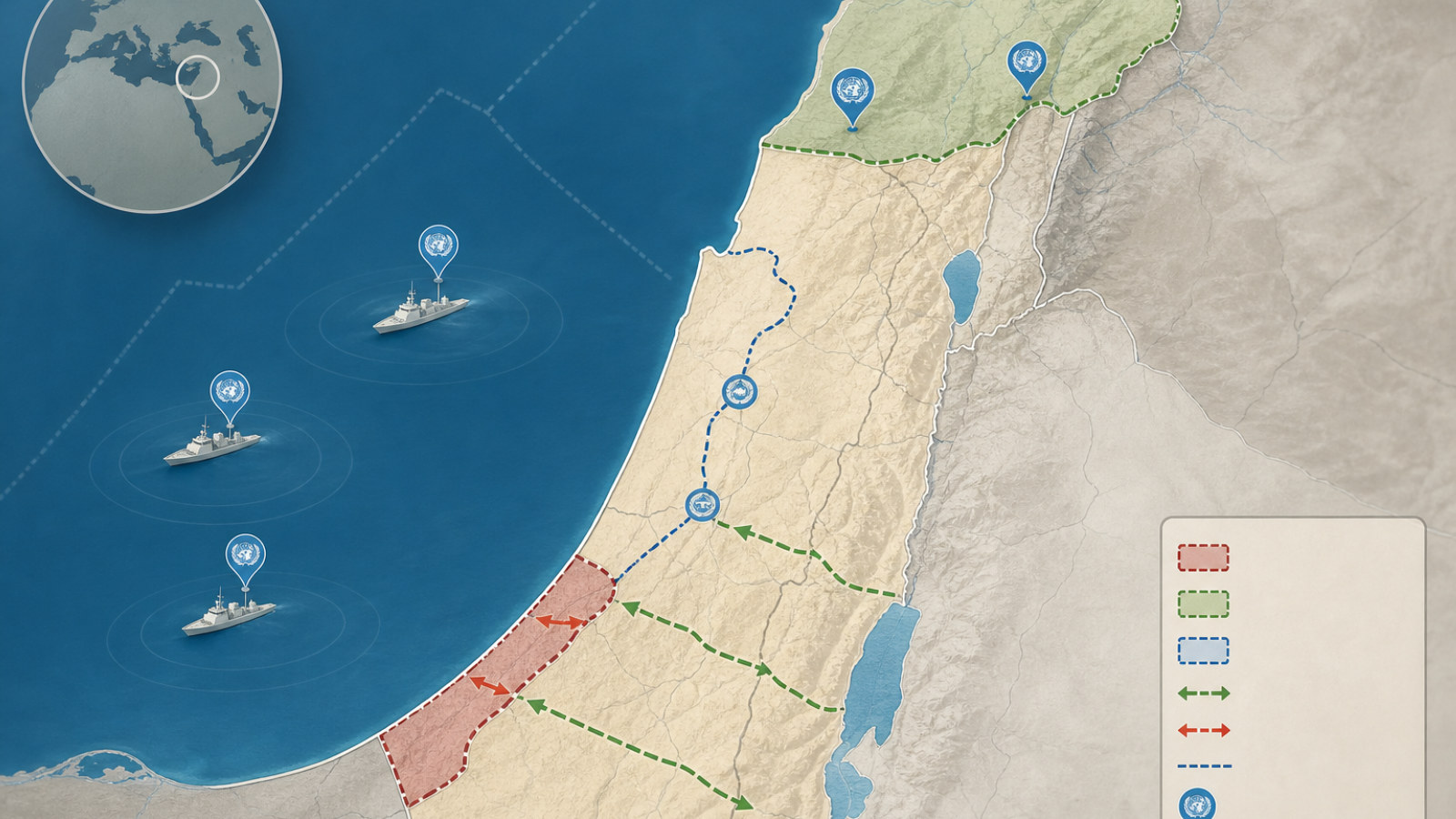 Ilustração de mapa regional indicando Gaza, Israel, Líbano e áreas sob acordos de cessar-fogo