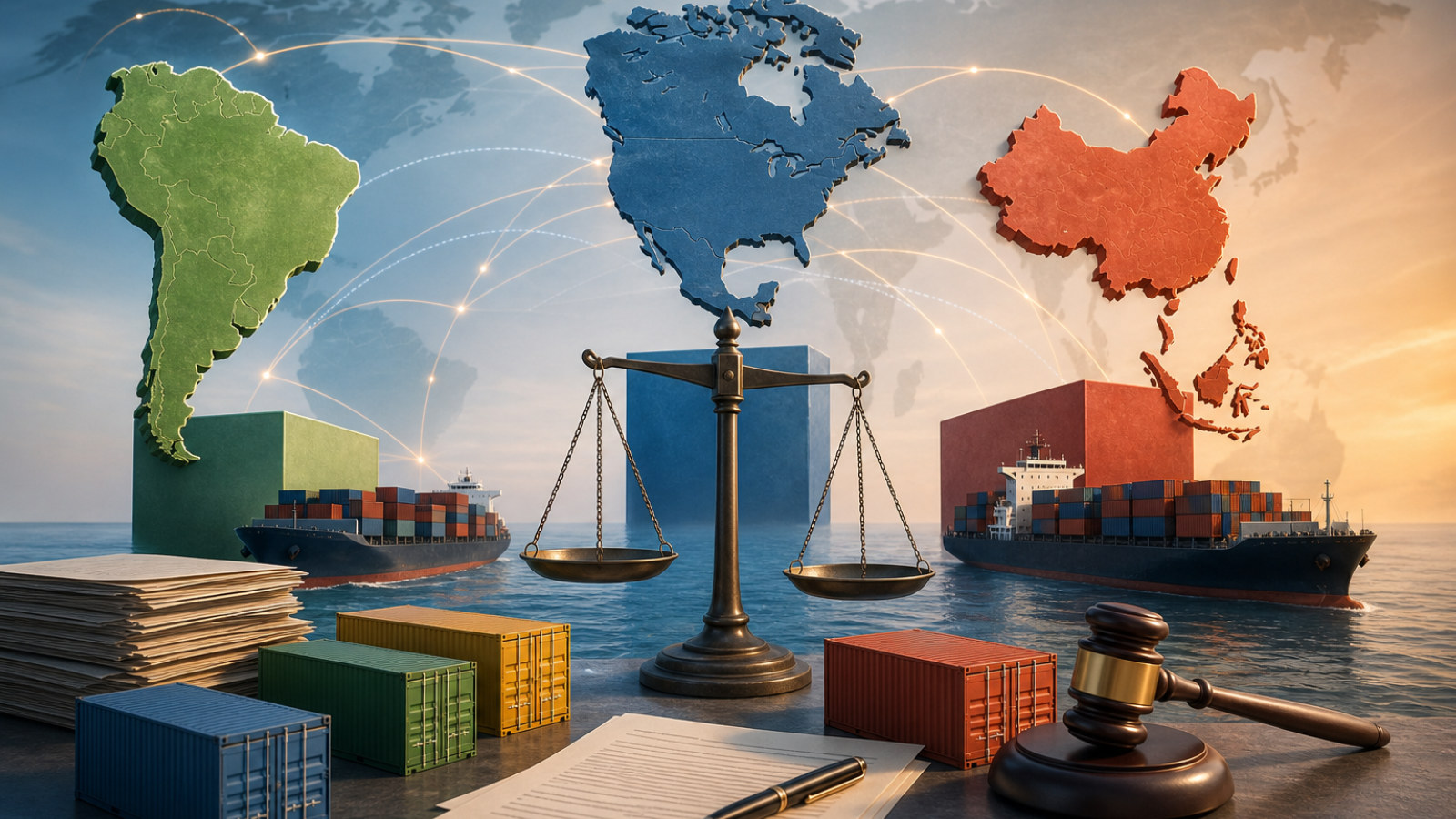 Ilustração de relações comerciais entre Brasil, Estados Unidos, China e a Organização Mundial do Comércio
