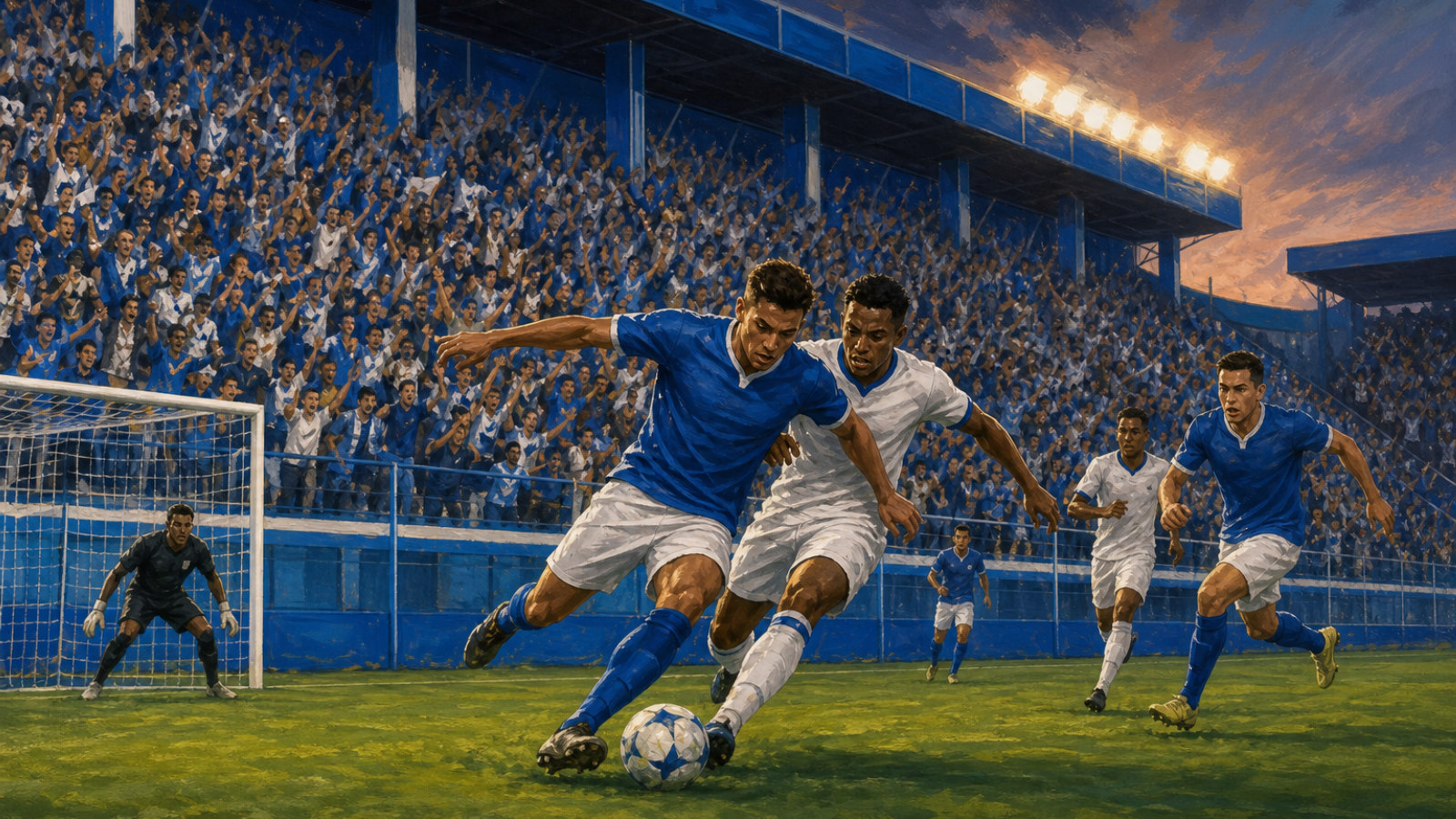 Ilustração de estádio de futebol com torcida e disputa por bola