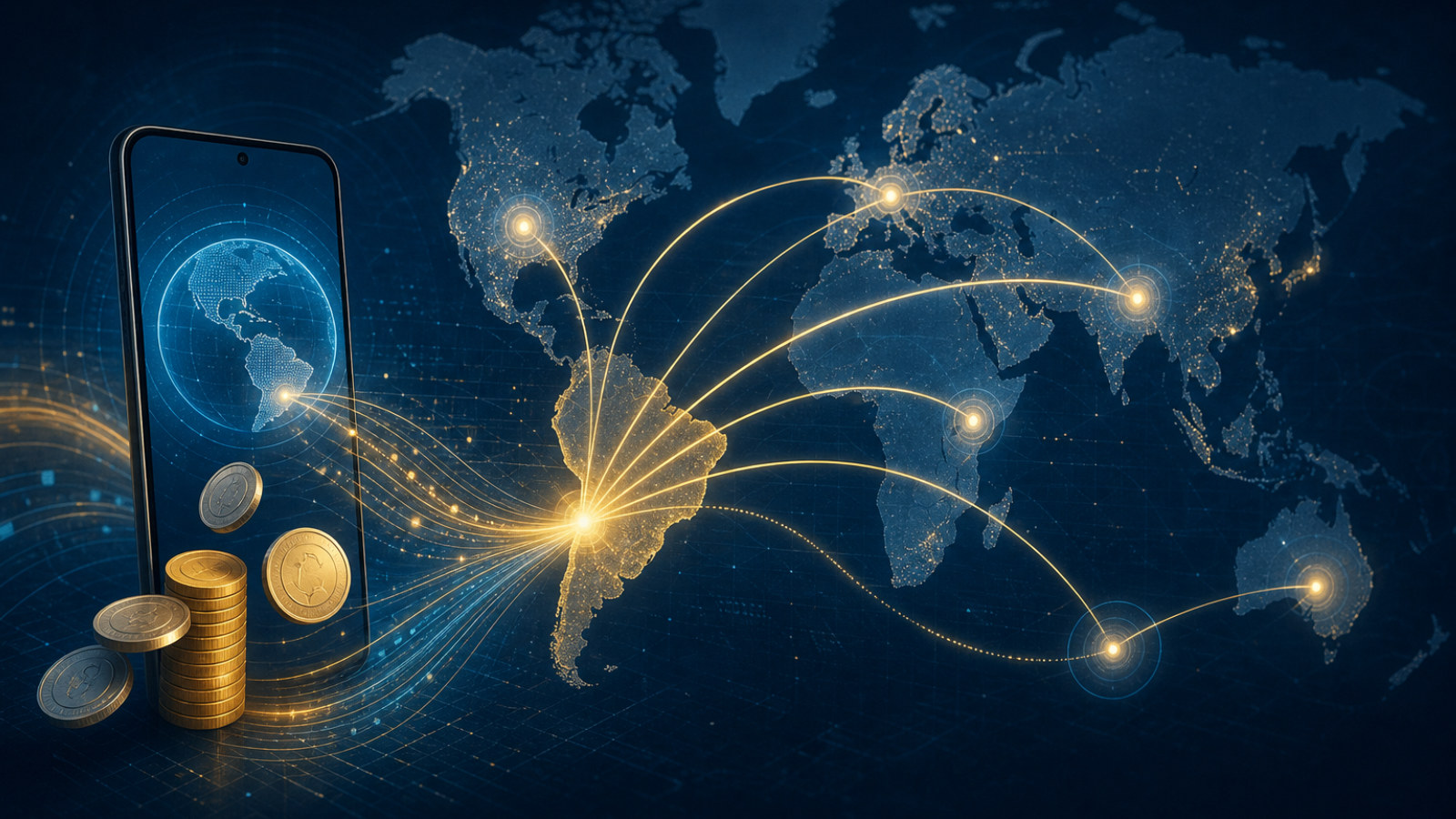 Ilustração de pagamentos digitais conectando o Brasil a outros países