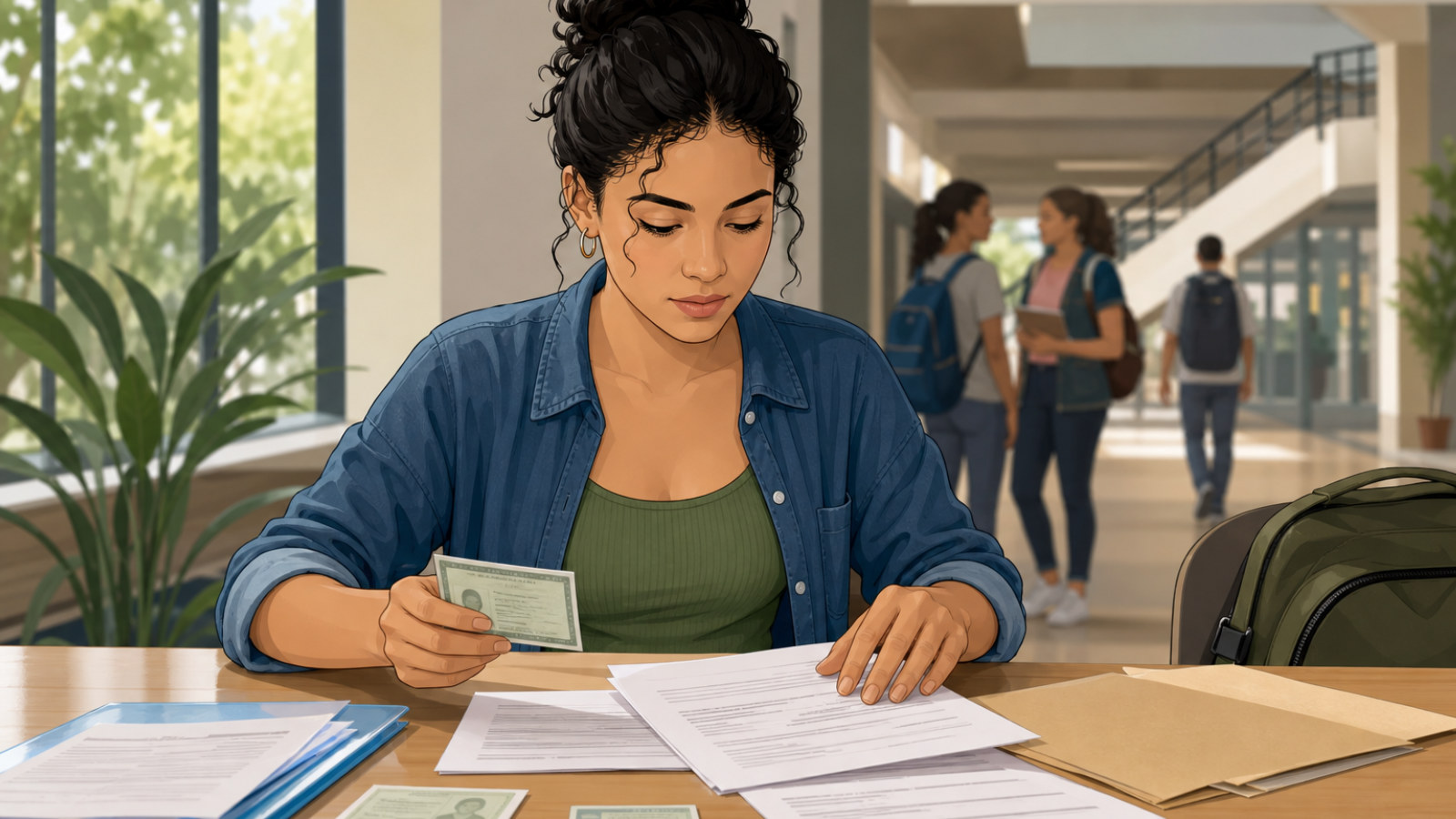 Ilustração de estudante organizando documentos para inscrição em bolsa universitária