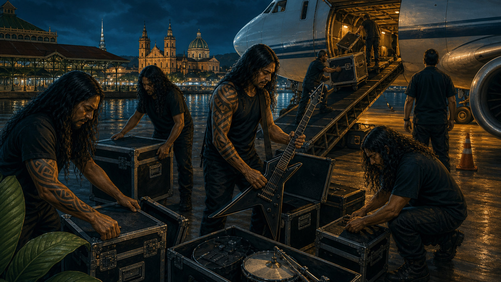 Ilustração de uma banda de heavy metal se preparando para viajar de Belém ao Rio de Janeiro