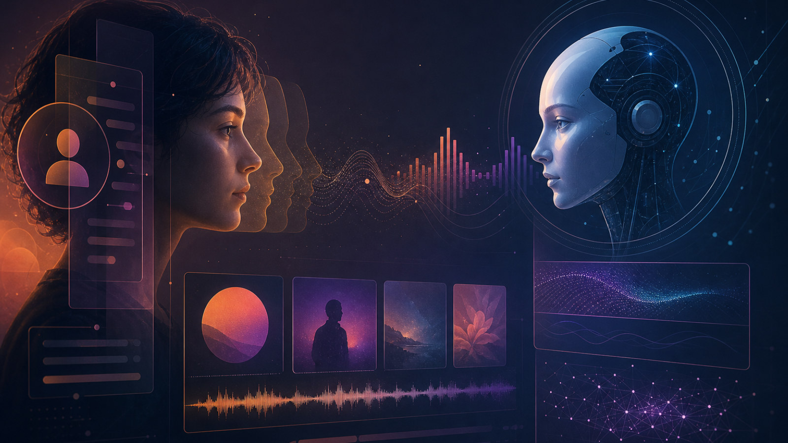 Ilustração de um perfil musical digital dividido entre artista humano e avatar sintético