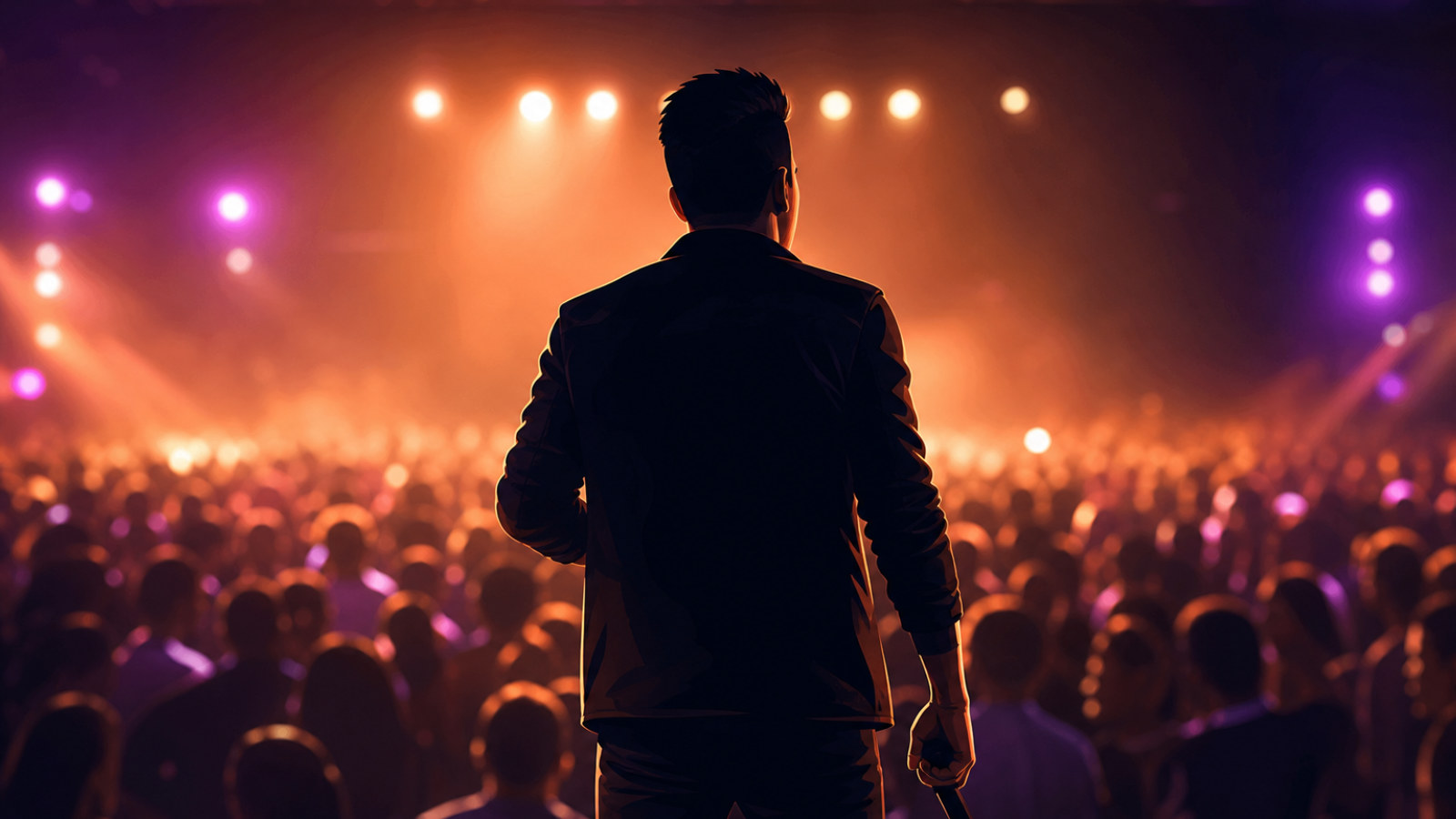 Ilustração editorial de cantor de arrocha em palco iluminado diante de plateia