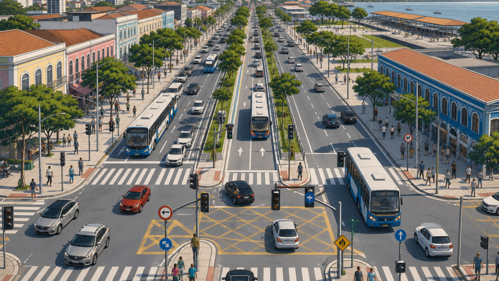 Ilustração de ônibus urbanos circulando em vias de Belém sob nova organização de trânsito