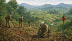 Ilustração de área rural vietnamita com sinalização de risco de explosivos remanescentes