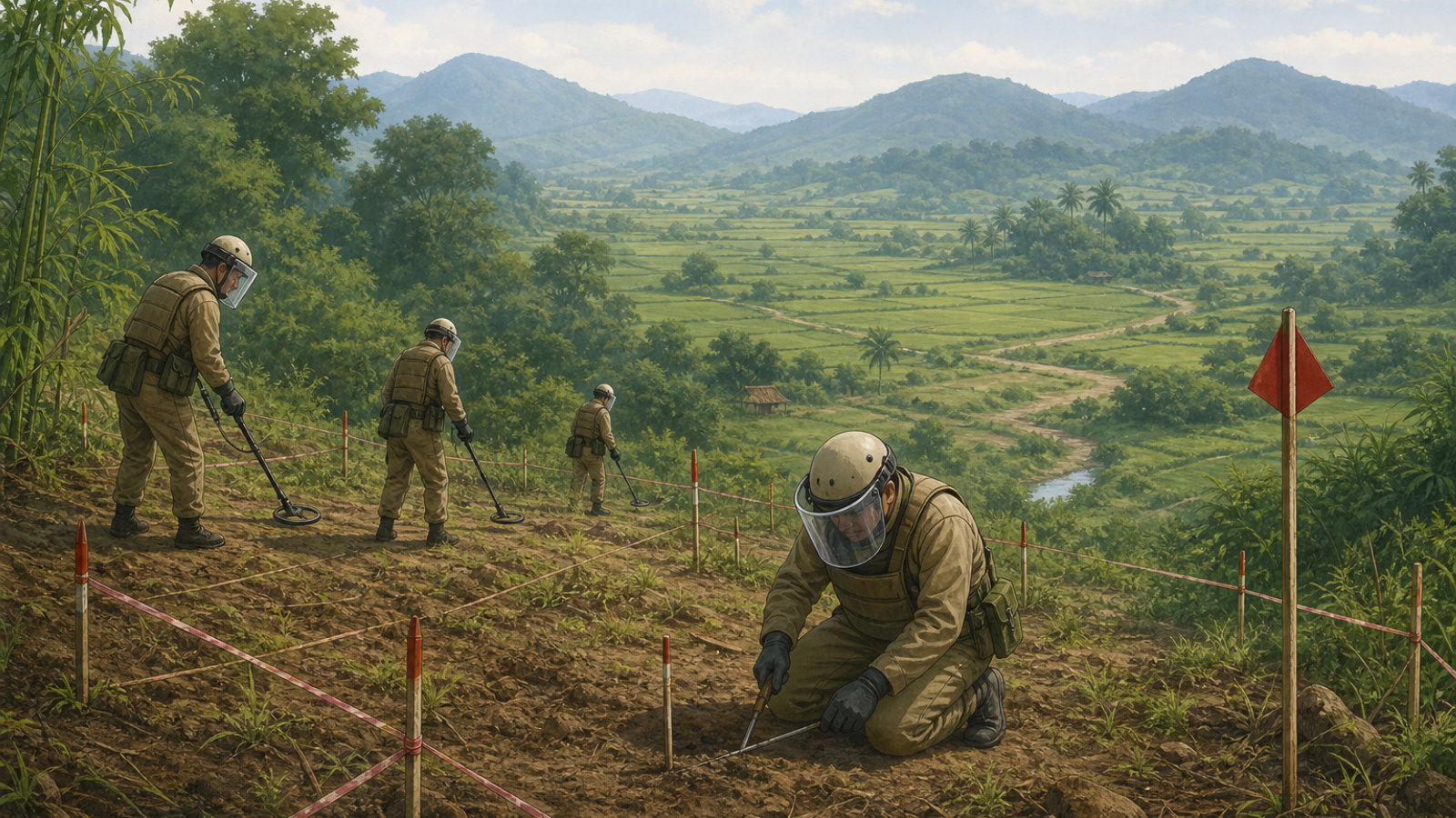 Ilustração de área rural vietnamita com sinalização de risco de explosivos remanescentes