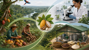 Ilustração de cadeia produtiva da bioeconomia amazônica, do cultivo ao processamento