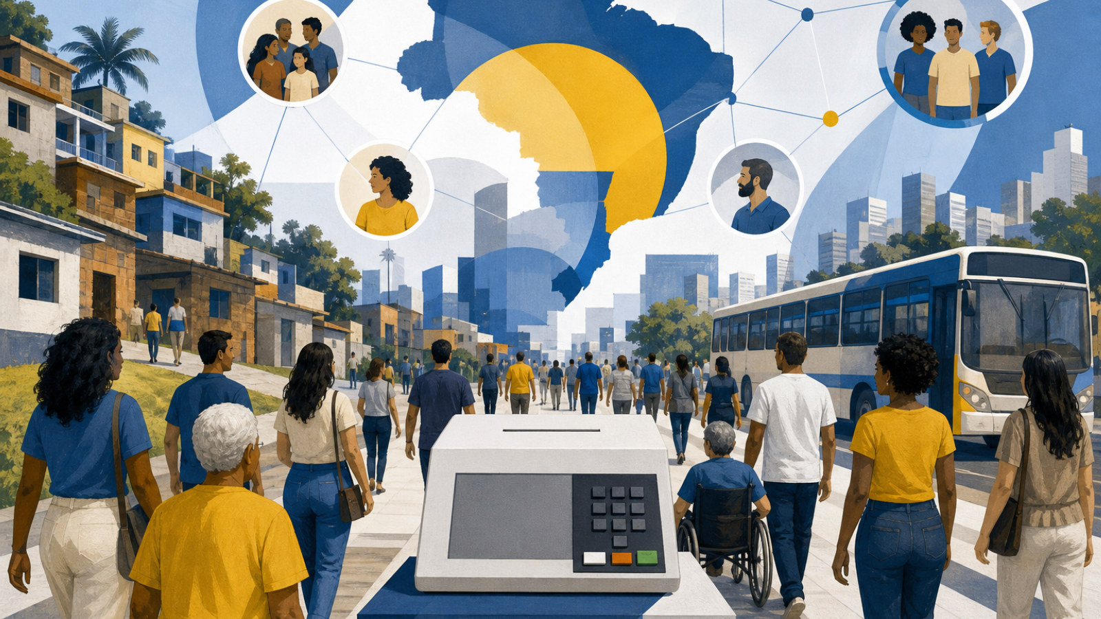 Ilustração de urna eleitoral cercada por pessoas e elementos abstratos de mobilização cidadã