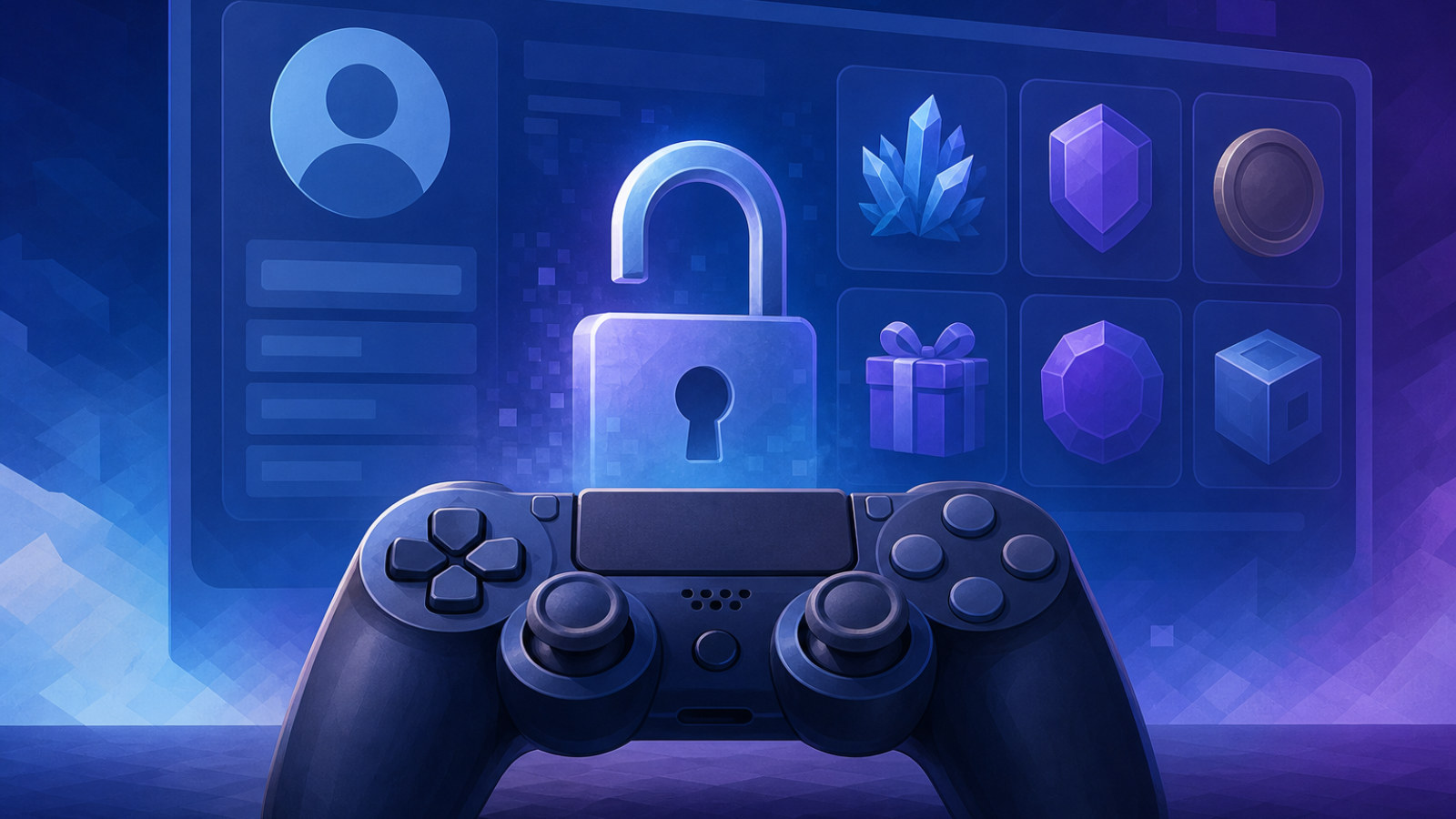 Ilustração de controle de videogame diante de tela com perfil digital bloqueado