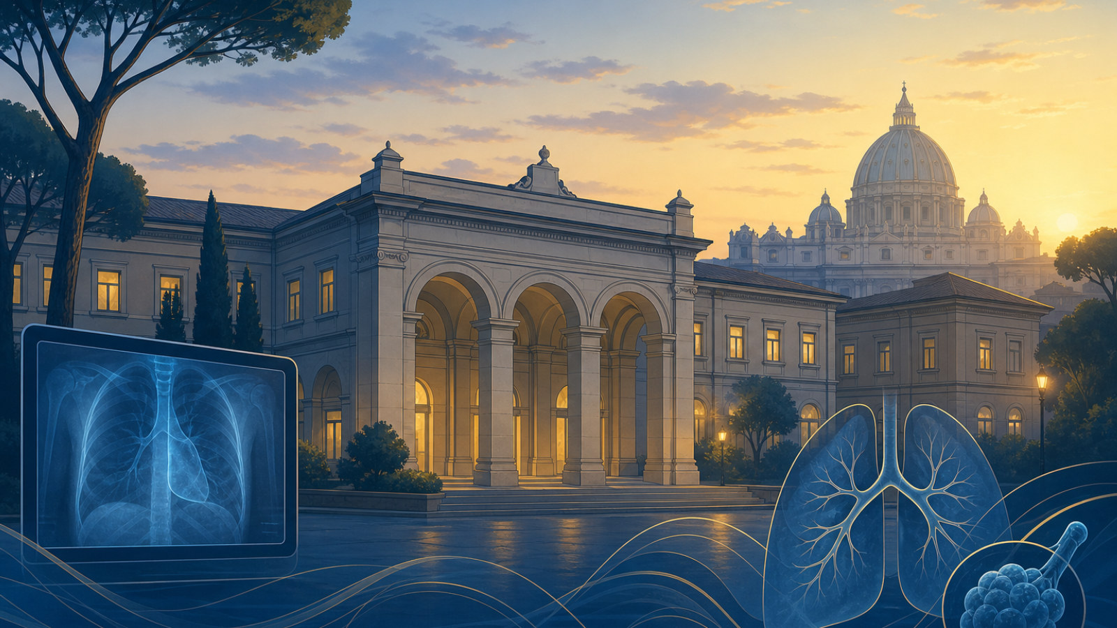 Ilustração editorial de hospital em Roma com elementos de cuidados respiratórios